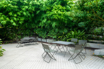 Outdoor seats in a courtyard surrounded by green leafy plants. 