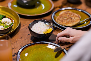 Asian salad with rice noodles with chicken, shrimp and vegetable