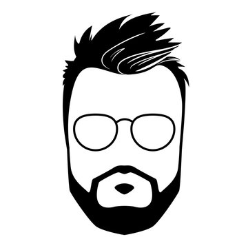 Stylish flat icon with man beard face with glasses silhouette. Hipster style avatar. Creative hairstyle vector illustration. Male barber black logo isolated on white background. Guy character sign
