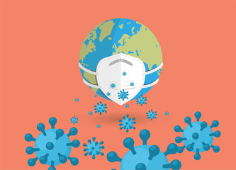 Planet earth shields herself with a mask from coronavirus droplets.