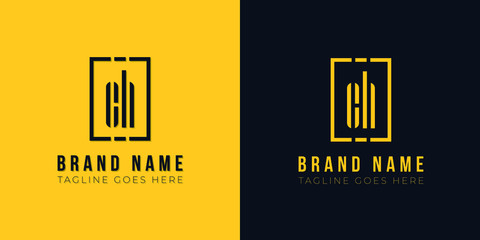 Minimalist abstract letter CH logo. This logo incorporate with abstract rectangle shape and typeface in the creative way. Modern letter logo design in yellow and black background.