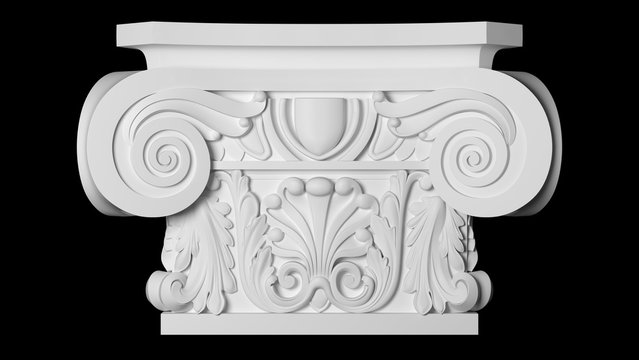 Plaster Decorative Capital on a Black Background, Front View, 3d render