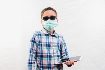 Health protection. Kids in quarantine using tablet