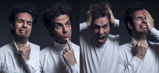 Collage of handsome curly man, he is sad, confused, angry and crying