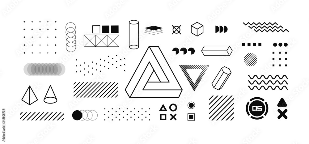 Aufkleber Modern geometric shapes collection. Isolated trendy graphics elements for your design. Vaporwave style, universal geometric shapes and elements on dark background. Vector memphis elements set