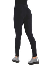 Woman wear black blank leggings mockup, isolated, clipping path. Women in clear leggins template. Cloth pants design presentation. Sport pantaloons stretch tights model wearing. Slim legs in apparel.