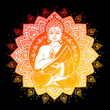 Vintage vector illustration of meditating Buddha and mandala
