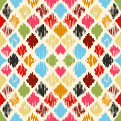Ikat geometric folklore ornament with diamonds. Tribal ethnic vector texture. Seamless striped pattern in Aztec style. Folk embroidery. Indian, Scandinavian, Gypsy, Mexican, African rug.