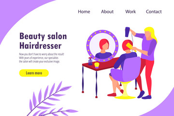 Landing page of hairdresser salon. Female master make fashionable hairstyle to young woman. Beauty salon web banner template. Expert holding dryer making hairdo to client. Flat vector illustration
