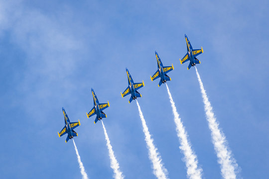 Oct 12, 2019 San Francisco / CA / USA - The Blue Angels flying in formation for Fleet Week airshow; The Blue Angels is the United States Navy's flight demonstration squadron