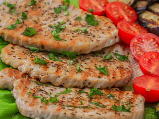 
three grilled chicken breasts in a row, close up.