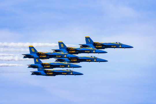 Oct 12, 2019 San Francisco / CA / USA - The Blue Angels flying in formation for Fleet Week airshow; The Blue Angels is the United States Navy's flight demonstration squadron