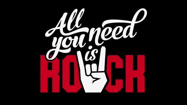 all you need is rock text using classic and curly typography with rebel hand gesturing horn sign