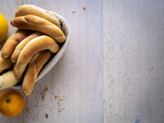 Background with rolls, fruits and seeds