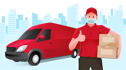Delivery man Wearing Mask in Red Uniform Thumb Up and Smile While Holding Boxes in Front of a Van Vector Illustration