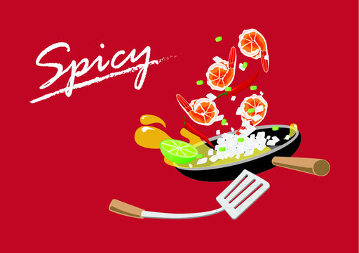 Cooking spicy shimp on pan vector design.