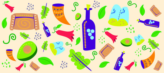 Patern de comida chilena. Empanadas, chicha en cacho, marraqueta y vino tinto. Chile