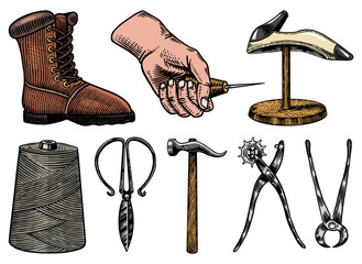 Cobbler set. Professional equipments for Shoe repair. Shoemaker or bootmaker. Cream Hammer Awl Brush Thread Glue Shoe. Hand drawn engraved old sketch for label or poster. 