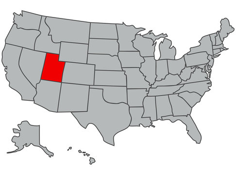 United States of America map. Highlighted in red state Utah. Vector illustration in gray with USA silhouette. The image of the contours of the US. Poster for articles, web, school, geography, study