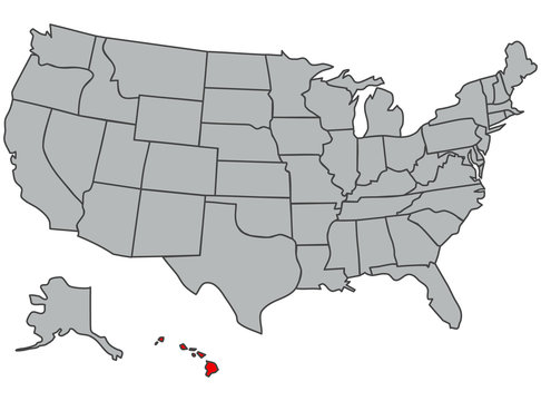 United States of America map. Highlighted red state Hawaii. Vector illustration in gray with USA silhouette. The image of the contours of the US. Poster for articles, web, school, geography