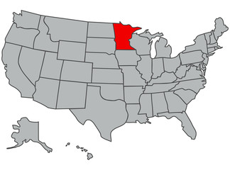 Minnesota vector illustration in gray color. United States of America map. Highlighted in red territory of the US. Contours of the USA. Web, poster, study, articles, economy, geography, print, news