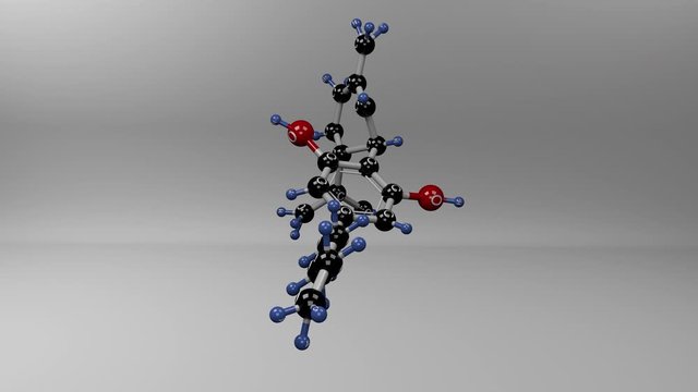 Cannabidiol molecule. Molecular structure of CBD phytocannabinoid derived from cannabis without psychoactive activity with analgesic, anti-inflammatory and antineoplastic properties. Alpha channel.
