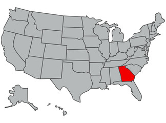 Vector map of the United States of America. Georgia State illustration in gray color. Highlighted in red territory of the US. Contours of the USA. Study, economy, geography, demography, article