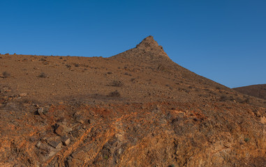 View on the mountains of Betancuria in the southern part of the Canary island Fuerteventura, Spain. Viewpoint Betancuria, october 2019