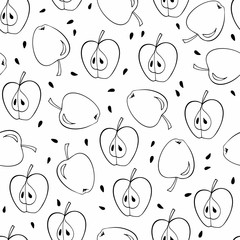 Black contour apple, half apple and seeds background. Seamless pattern. Doodle sketch Vector illustration. Design for fabric, scrapbooking, packaging paper, wallpaper, wrapping, menu