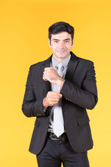 Portrait of businessman on yellow background using as background professional business people, successful business man consultant concept.