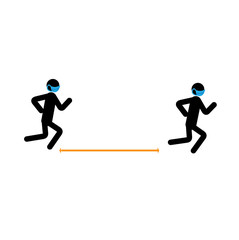 Stick man running in a medical mask. Social distance in sporting activities. Prevention of coronavirus.