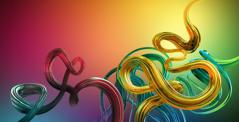 3d render, abstract background with colorful glossy curvy lines, tangled elastic shapes with glass texture, loops and curves. Flexible ribbon cords. Caramel candy cane. Digital illustration