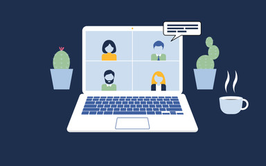 Videoconferencing and online meeting . Video conference landing. People on desktop computer  screen taking with colleague.