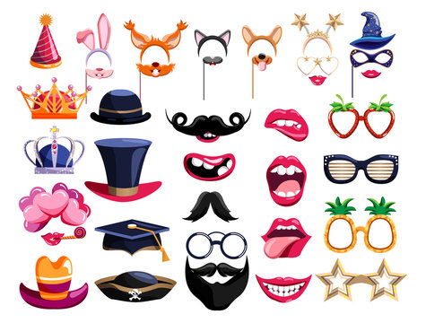 Photo booth props. Birthday photobooth element vector collection. Party props for funny photo booth set with mask, hat, eyeglasses in vintage style. Cartoon wedding photo props isolated on white