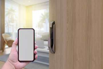Hotel door security Unlocking by application on mobile phone. Digital door lock, key less system of...
