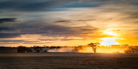 Fototapeta na wymiar Dust from harvester flies into the air as the sun sets over the vast farming land