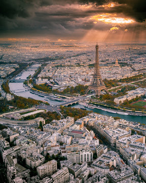 Aerial overview of Paris with the Eiffel Tower