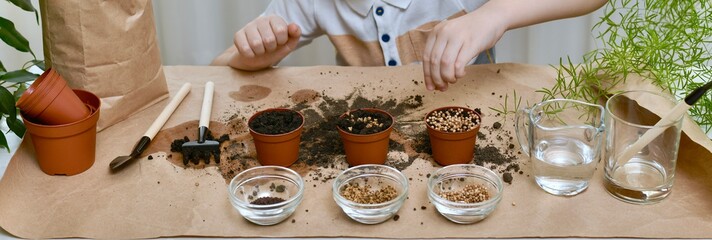 The child hand throws coriander seeds into the ground from a height. In the room engaged in gardening.