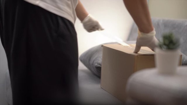 Man unboxing fresh vegetable box, take away Food box, grocery online delivery, service during corona virus covid19, unpack carton parcel package, vegetable food supply shipping, social avoidance