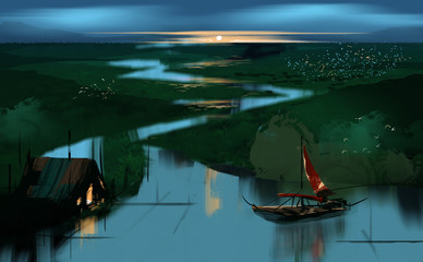 Fototapeta premium Digital illustration painting design style Beautiful rural landscape in morning of river at sunrise.