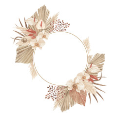 Boho pampas grass frame with palm spear, calla lily and orchid, perfect for greeting card, invitation  © R&A Studio