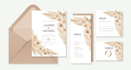 Pampas grass wedding party invitation template with calla lily watercolor illustration