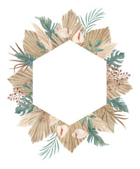 Boho pampas grass frame with palm spear, calla lily, orchid, and tropical jungle leaves perfect for greeting card, invitation, and any other design
