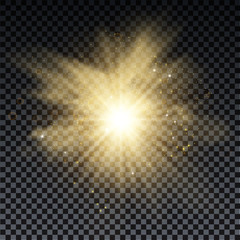 Golden burst with sparkle rays and lens flare effect. Glowing stars. Golden glitter bokeh lights and burst of magical dust particles. Vector illustration.