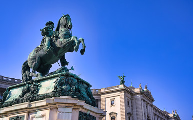 Fototapeta na wymiar Vienna, Austria - May 18, 2019 - Statue of Prince Eugene of Savoy in front of Hofburg Palace in Vienna, Austria.