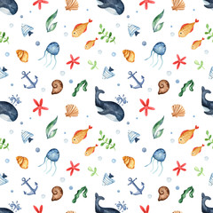 Watercolor seamless multidirectional pattern with sea creatures, whale, fish, jellyfish, shells, seaweed on a white background.