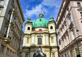 Fototapeta na wymiar Vienna, Austria - May 19, 2019 - The Peterskirche, or St. Peter's Church, is a Baroque Roman Catholic parish church in Vienna, Austria.