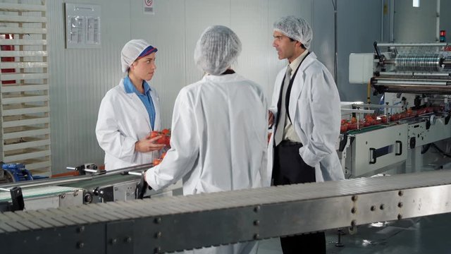 WS DS MS Three people in protective clothing talking in food processing plant