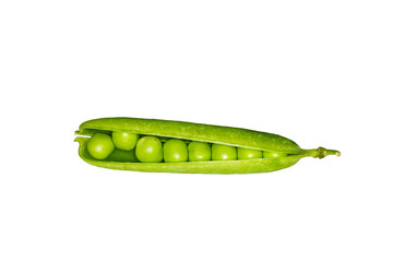 Fresh green peas in partially opened pod isolated on white background. Macro.