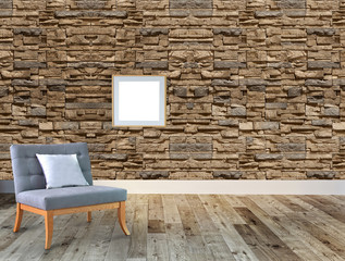 gray armchair and interior design in bright empty space. 3D illustration